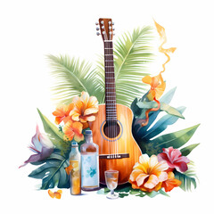 Illustration of the composition of guitar, drinks and palm leaves