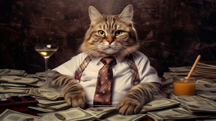 Witness a charmingly peculiar scene featuring a cat in a stylish pink suit, comfortably seated on an abundance of money - an image that combines whimsy and affluence.Created by Ai