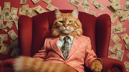 Marvel at the whimsical sight of a cat dressed in a pink suit, nonchalantly lounging on a pile of money, exuding an aura of playful extravagance.Created by Ai

