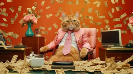This image captures a cat's unique charisma, adorned in a pink suit, perched atop a heap of money, truly an unconventional fusion of humor and luxury.Created by Ai