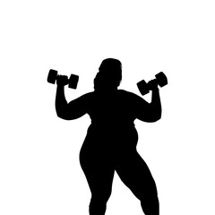 Naklejka na ściany i meble Vector illustration. Silhouette of a fat girl with dumbbells in her hands. Slimming. Healthy lifestyle.