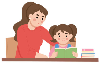 Illustration of mother guiding daughter to read a book