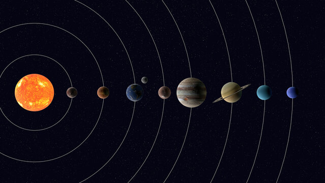 直列した太陽系の3Dイラストレーション