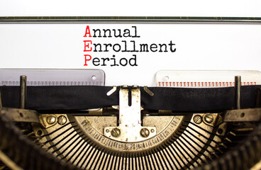 AEP symbol. Concept words AEP Annual enrollment period typed on beautiful retro old typewriter....