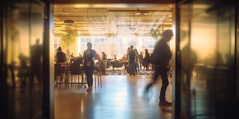 Open door to a coworking space, blurred silhouettes of people during a hackathon, concept of Collaborative workspace, created with Generative AI technology