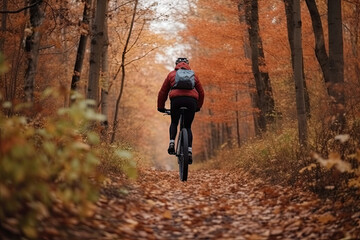 Ein Mann fährt durch den Herbstwald Fahrrad, Generative AI