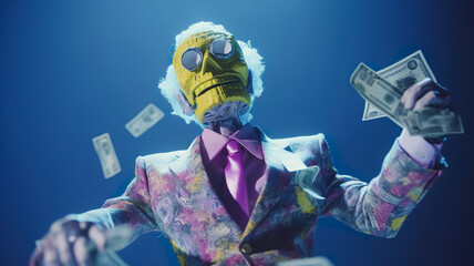 Achievement concepts with rich crazy human or robot and a lot cryptocurrency coins.big shot of investment.generative ai technology