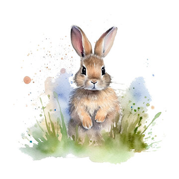 Watercolor little rabbit isolated on transparent background. Generative AI