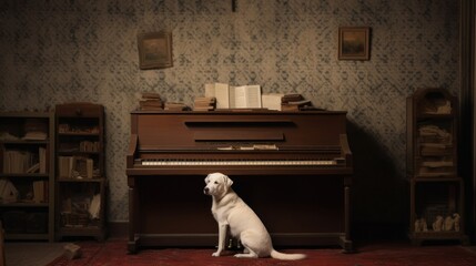 Experience an unexpected duet as a dog sits ready in front of a piano in a recording room. Generated by AI.
