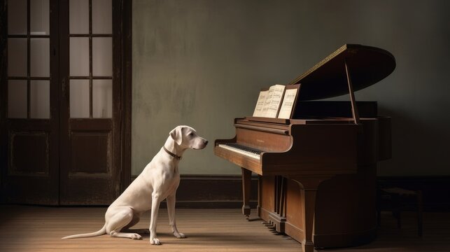 Discover a dog, preparing for a piano concert in a professional recording room. A melodious capture by AI.