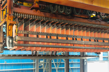 Detail of copper cathodes at an electrowinning plant in a copper mine in Chile.