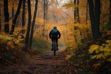 Fototapeta premium Ein Mann fährt durch den Herbstwald Fahrrad, Generative AI
