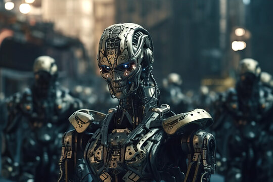 An army of evil robots in a post apocalyptic world.  Composite with different elements made with generative AI