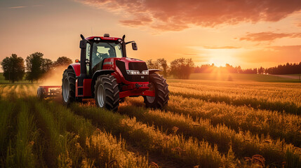 Obraz premium Tractor in the field under sunset light, tillage in spring, preparation for sowing. Generative AI