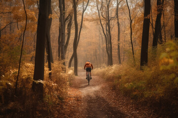 Fototapeta premium Ein Mann fährt durch den Herbstwald Fahrrad, Generative AI