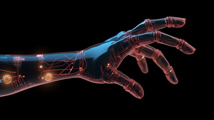 Concept of biohacking, showcasing hand half-human and half-cyborg. The intersection of biology and technology, and the potential of human enhancement through technological advancements. Generative AI