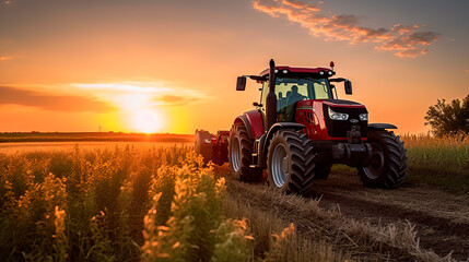 Tractor in the field under sunset light, tillage in spring, preparation for sowing. Generative AI