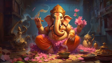 Illustration of Ganesha for Ganesha Chaturthi and Diwali, Generative Ai