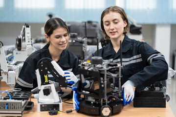 Engineer caucasian woman learning checking and repair electric machine in machine lap	