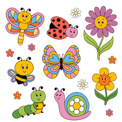 set of isolated funny insects and flowers - 605384053