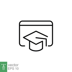 E-learning icon. Simple outline style. Learn, online, digital, graduation cap, distance education concept. Thin line symbol. Vector illustration isolated on white background. EPS 10.