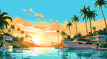 Illustration of a sunny day in an American resort town - obrazy, fototapety, plakaty