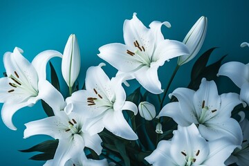 Fototapeta na wymiar Continuous design of blue background with white lilies. Generative AI
