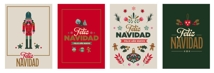 4 spanish greeting cards, Wish cards for christmas. Bundle icons illustrations Xmas, stars, hot chocolate, trees in a vector style.