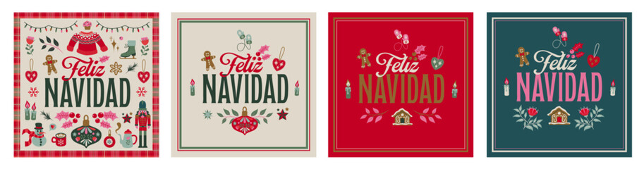 4 spanish greeting cards, Wish cards for christmas. Bundle icons illustrations Xmas, stars, hot chocolate, trees in a vector style. - obrazy, fototapety, plakaty