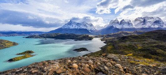 lake Lago del Pehoe in the Torres del Paine national park, Patagonia, Chile