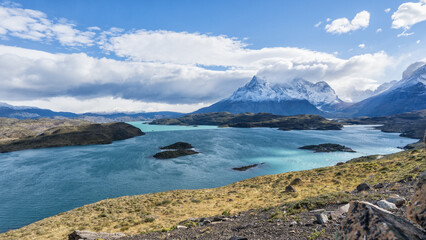 lake Lago del Pehoe in the Torres del Paine national park, Patagonia, Chile