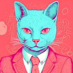 Risograph print style with antrophomorfic cat, pop art style illustration, Generative AI
