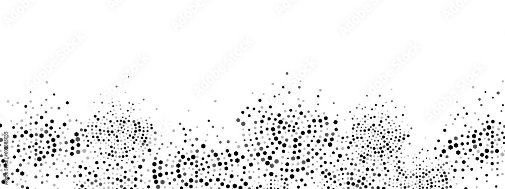 Poster geometric halftone abstract background frame. vector texture of chaotic hexagons, particles, fragmen