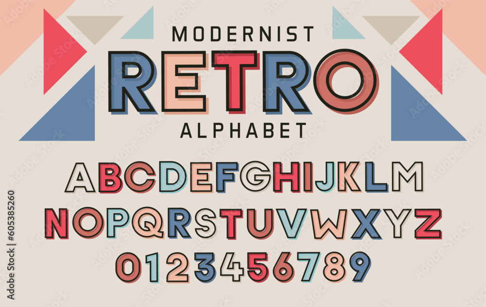 Fototapete custom font design. retro modernist typeface effect style. filled outline in old vintage print graph