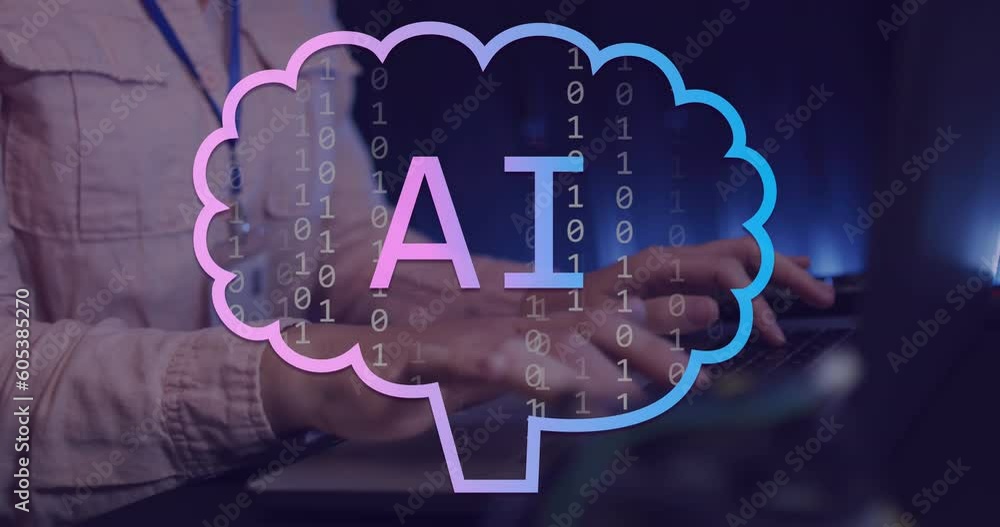 Poster animation of ai text, icons and data processing over caucasian woman using computer
