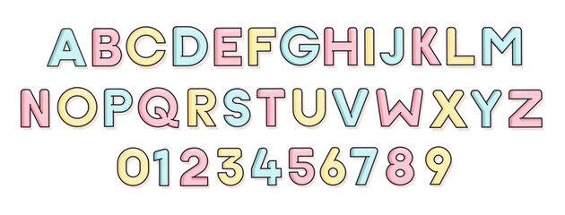 Custom font design. Baby typeface effect style. Filled outline in baby pastel color tones.