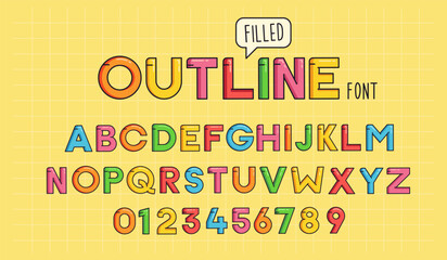 Custom font design. Playful young and cheerful cartoon comic typeface effect style. Colorful filled outline graphic style