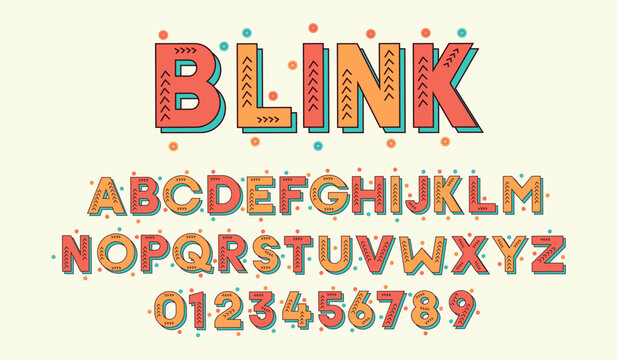 Custom font design. Blink typeface effect style. Filled outline in orange color tones. Artistic graphic elements