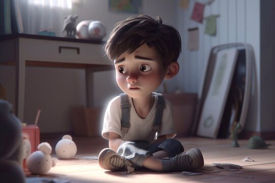 A boy sitting on the floor with an anxious look on his face created with generative AI