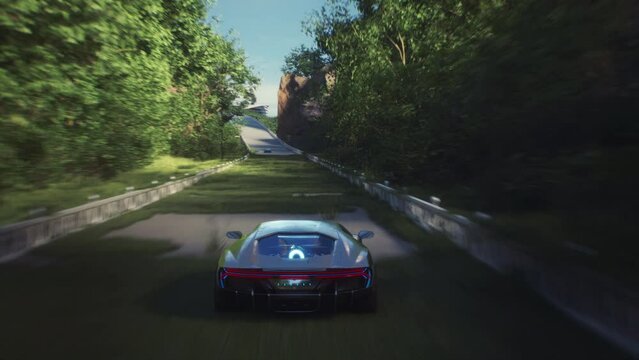 4K, Fake 3D video game. Utopia city racing car fake game