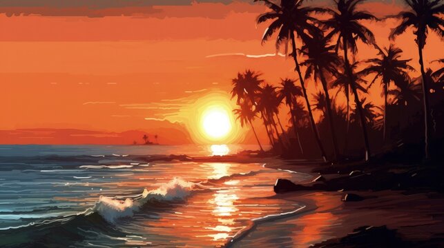 Painting of Palm trees in the beautiful sunset time, Generative AI