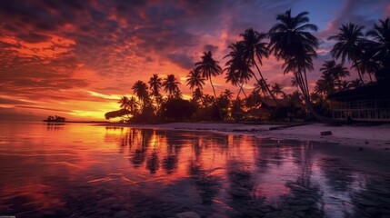 Fototapeta na wymiar Beautiful colorful sunset on tropical ocean beach with coconut palm trees silhouettes, Generative AI
