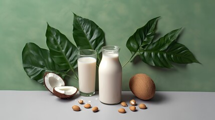 Plant based milk, various types of vegan milk. The growing trend towards dairy alternatives in the quest for a more sustainable and health conscious lifestyle. Generative AI