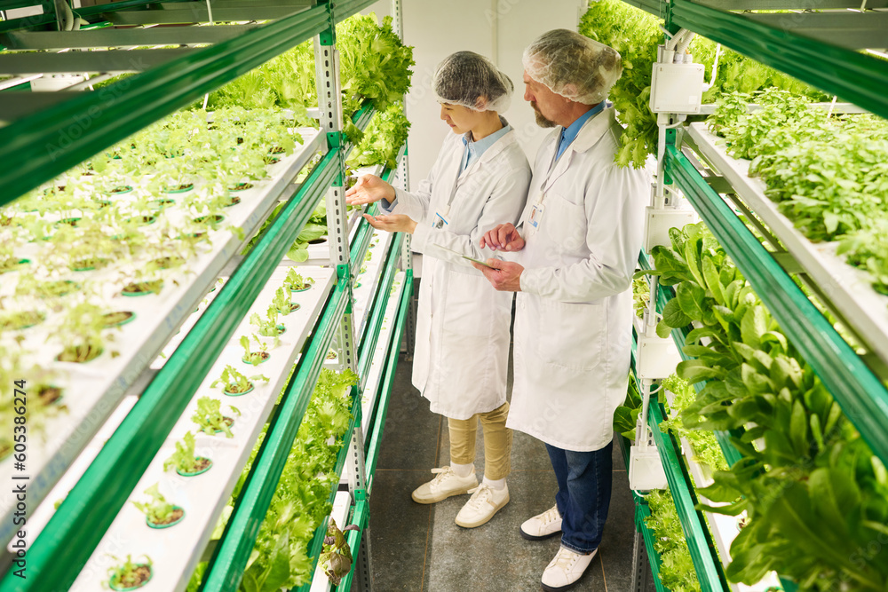 Poster two professional biotechnologists in lab coats standing in aisle between vertical trusses with green