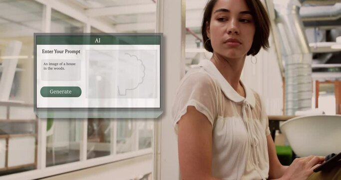 Animation of ai text and data processing and caucasian businesswoman