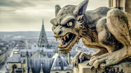 Gargoyle, fantasy creature, sandstone, grotesque, figurative, sculpture, architectural ornament, cathedrals, gothic churches, stone, carving, symbol, protection, waterspout, architectural detail, myth - obrazy, fototapety, plakaty