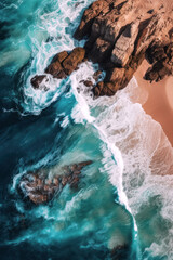 Aerial view of crashing waves on the rocks at the beach. Generative AI.