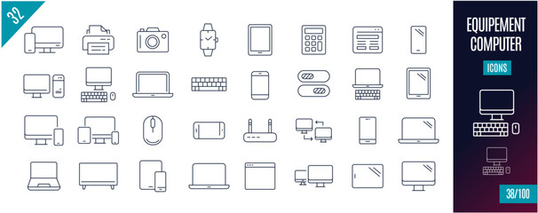 Best collection Equipment line icons. Computer, Monitor,...