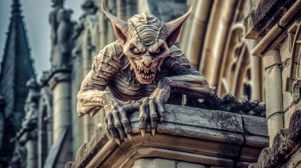 Fototapeta premium Gargoyle, fantasy creature, sandstone, grotesque, figurative, sculpture, architectural ornament, cathedrals, gothic churches, stone, carving, symbol, protection, waterspout, architectural detail, myth