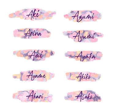 Japanese girl names starting with Letter A, Aki, Azumi, Arina, Ayumi, Ami, Ayaka, Ayame, Akiko, Akari and Asako, stickers, gift labels, png file